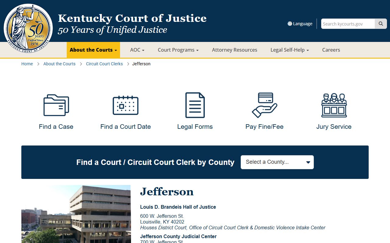 Kentucky Court of Justice Jefferson County court records page