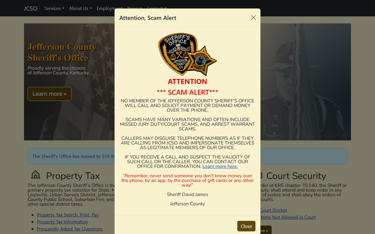 Jefferson County Sheriff's Office homepage with court records and scam warning