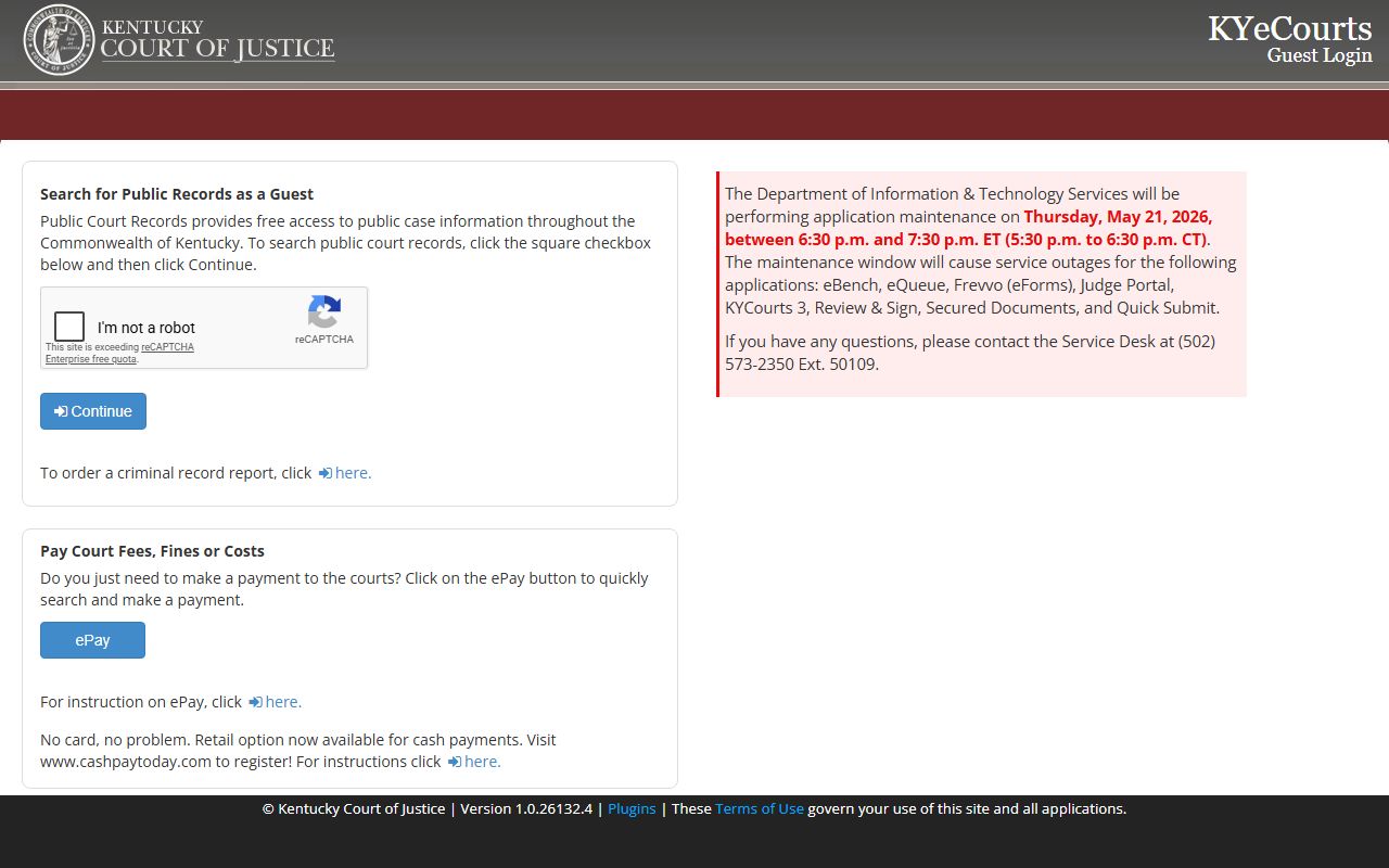 KYeCourts public records guest login for Jefferson County court records
