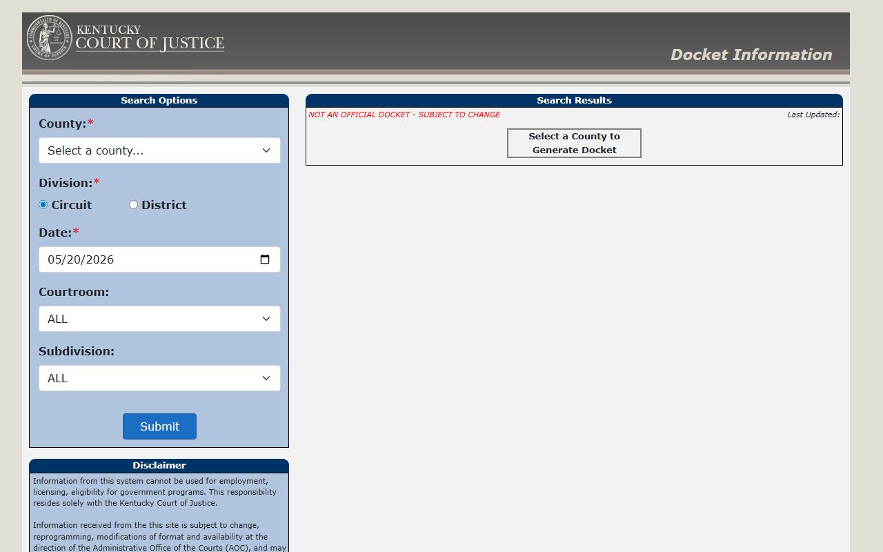 Kentucky Court of Justice docket search for Jefferson County court records