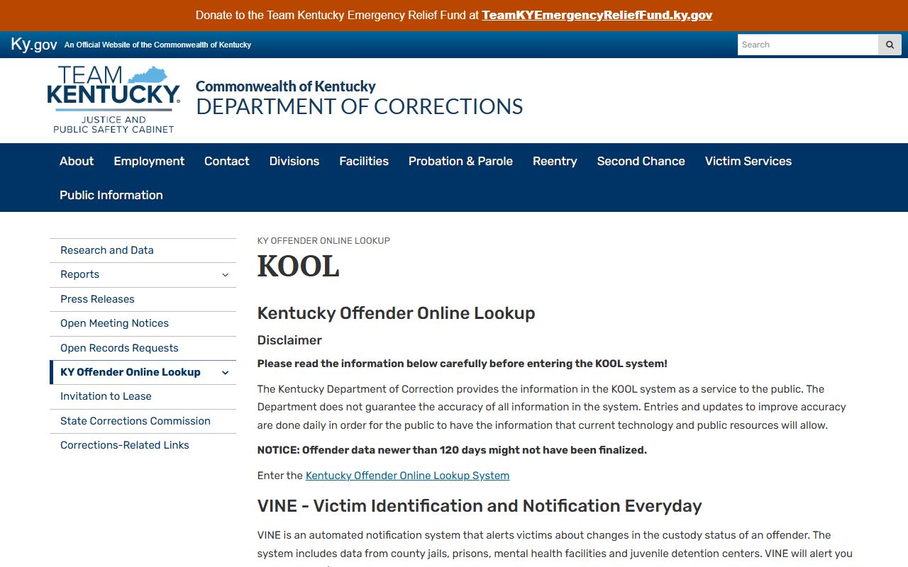 Kentucky DOC KOOL information for Jefferson County inmate records