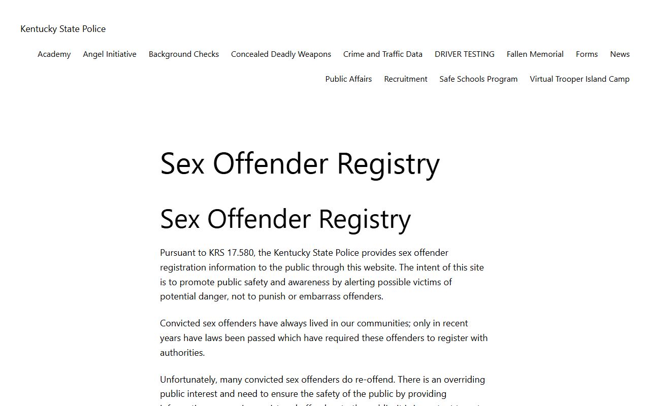 Kentucky State Police Sex Offender Registry near Jefferson County warrant records